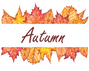 Hand drawn watercolor illustration with the word "Autumn" in a design of autumn leaves drawn in watercolor. Watercolor illustration dedicated to autumn.