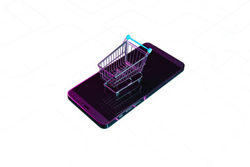 A wireframe shopping cart on a smartphone, digital art style, with a white and transparent abstract background, concept of online shopping. 3D Rendering © Who is Danny