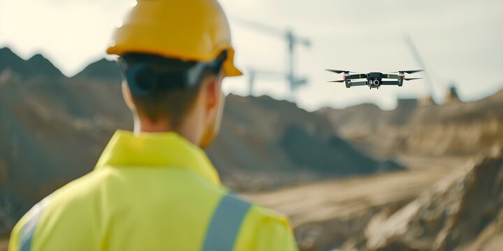 Drone inspection of construction site coordinated with civil engineers. Concept Drone Inspection, Construction Site, Civil Engineers, Coordinated Operations
