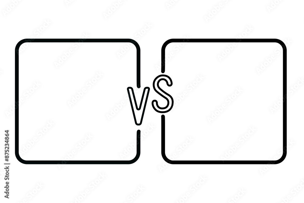 Poster Two blank squares with a VS symbol in the center, clean design, white background, concept of comparison or battle. 3D Rendering