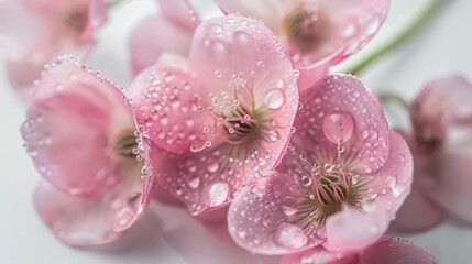 Obraz premium Close-up of pink flowers with dew drops on a white background, showcasing their freshness and intricate beauty.