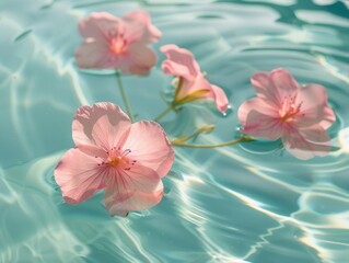 Pale pink flowers floating gently on clear water in a serene and minimalistic setting.