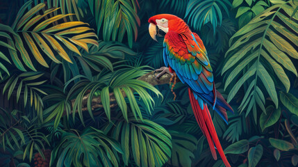 a parrot in a lush tropical jungle