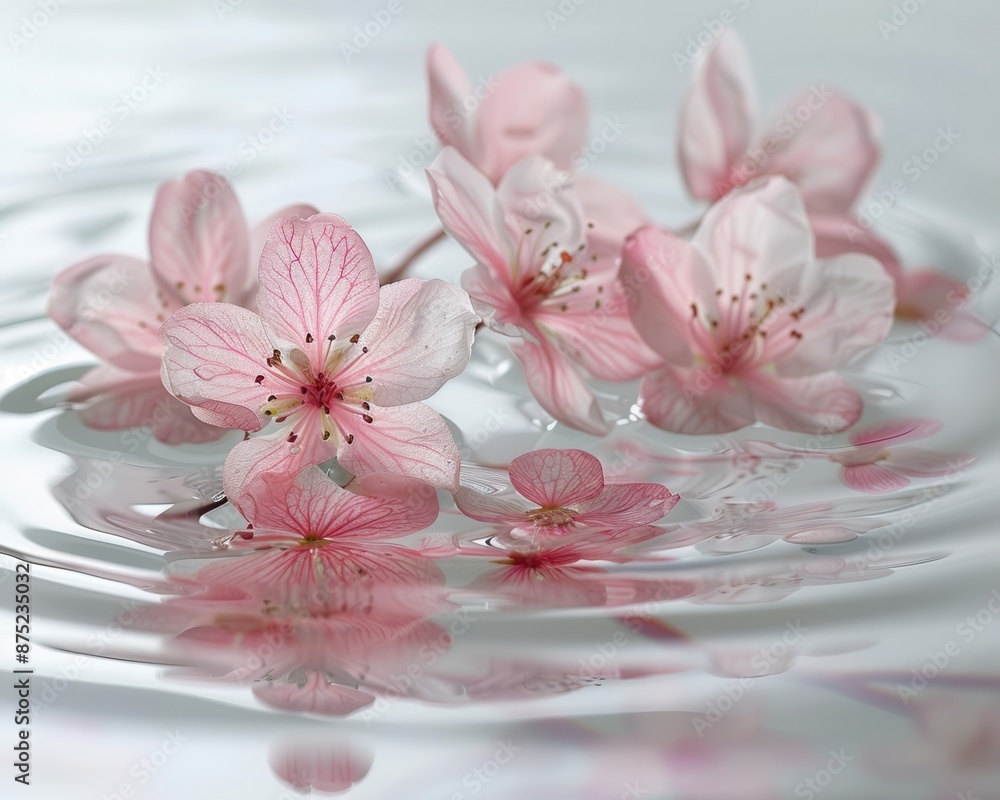 Poster pale pink flowers gently floating on clear water in a serene and simplistic setting, adding a touch 