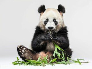 Obraz premium a Giant Panda sitting and eating bamboo on a pure white background