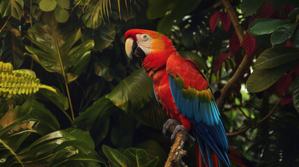 a parrot in a lush tropical jungle