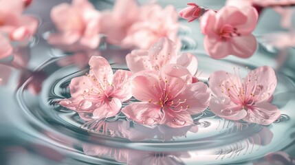 Pale pink flowers floating in a clear bowl of water, creating soft reflections and gentle ripples in the sunlight.