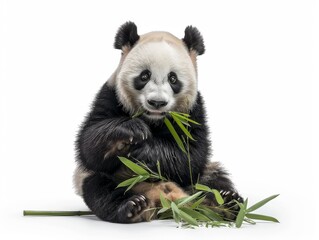 a Giant Panda sitting and eating bamboo on a pure white background