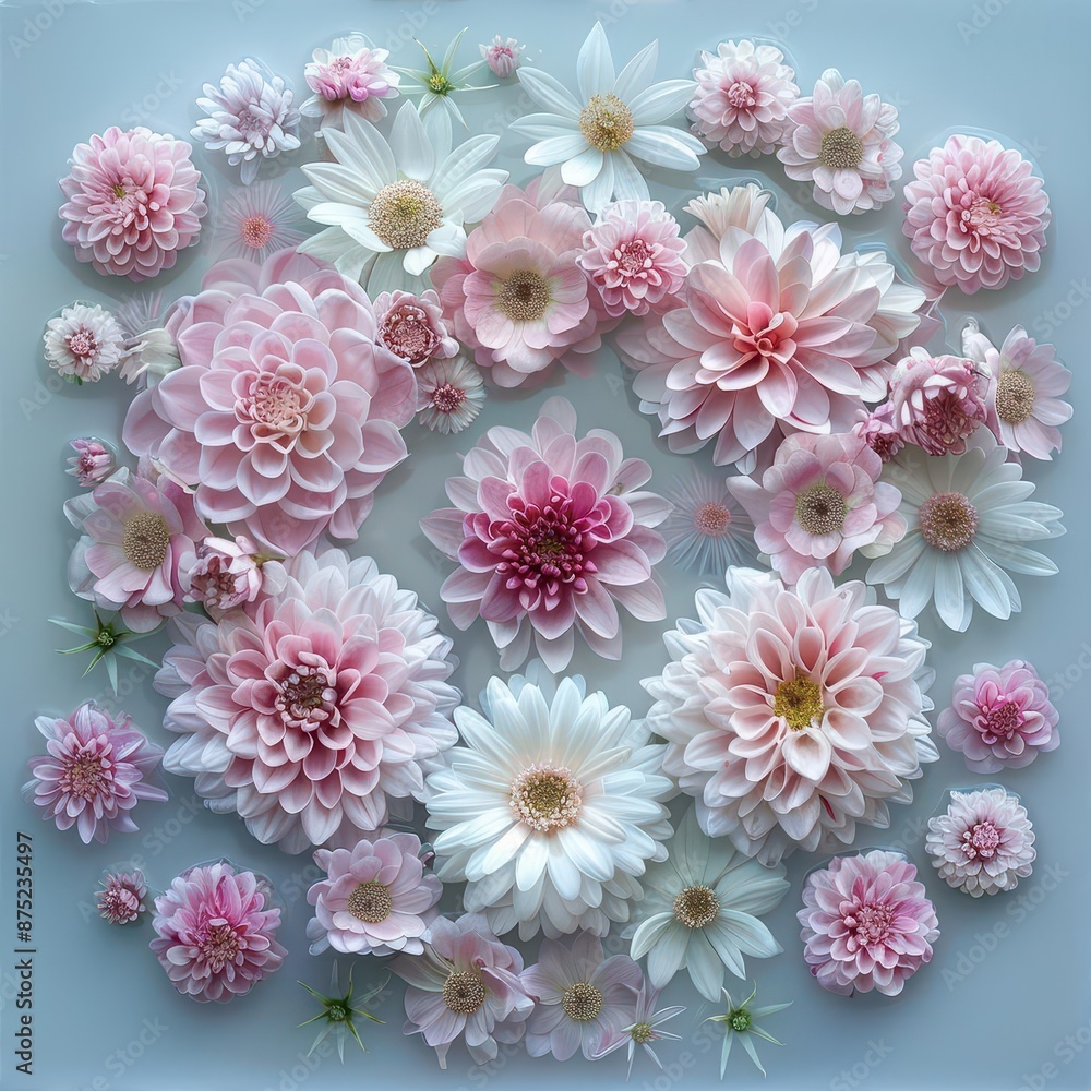 Poster pink and white flowers arranged in a circular pattern on a reflective surface, forming a beautiful a