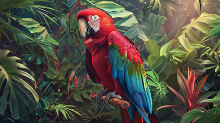a parrot in a lush tropical jungle
