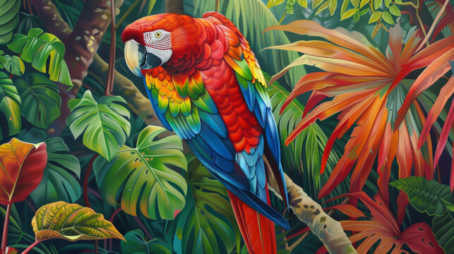 a parrot in a lush tropical jungle