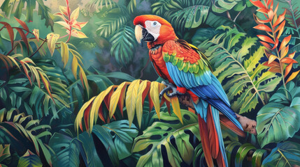 a parrot in a lush tropical jungle