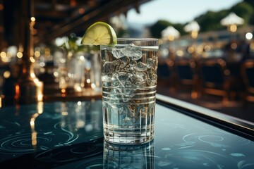 Glass of ice cubes on reflective surface at night