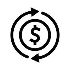 Vector illustration of a money cycle icon in black and white. Ideal for finance, economy, and business-related designs. Dollar symbol with arrows. Editable stroke.