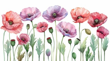 Fototapeta premium Poppy seeds and flower clipart, botanical element, watercolor style, soft hues, isolated on white background