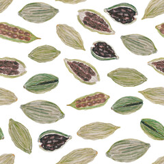 Cardamom pods seamless pattern in watercolor isolated on white, hand drawn in simple style for design. Green pods with detailed texture, some open to show seeds inside. Ideal for wrapping paper