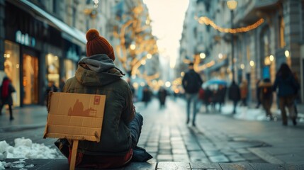 Obraz premium a homeless person sitting on a city street, holding a cardboard sign