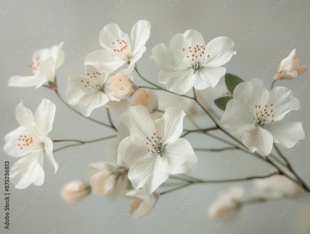 Poster a simple and elegant style of white flowers with delicate green touches on a light background, creat