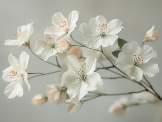Obraz premium A simple and elegant style of white flowers with delicate green touches on a light background, creating a stunning display.