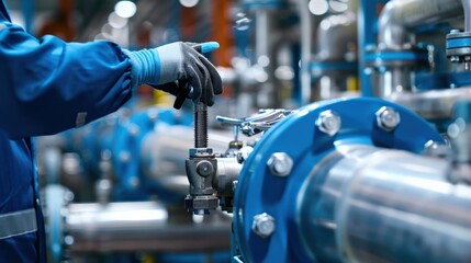 Fototapeta premium Close-up of a worker's hand adjusting valves in a chemical plant