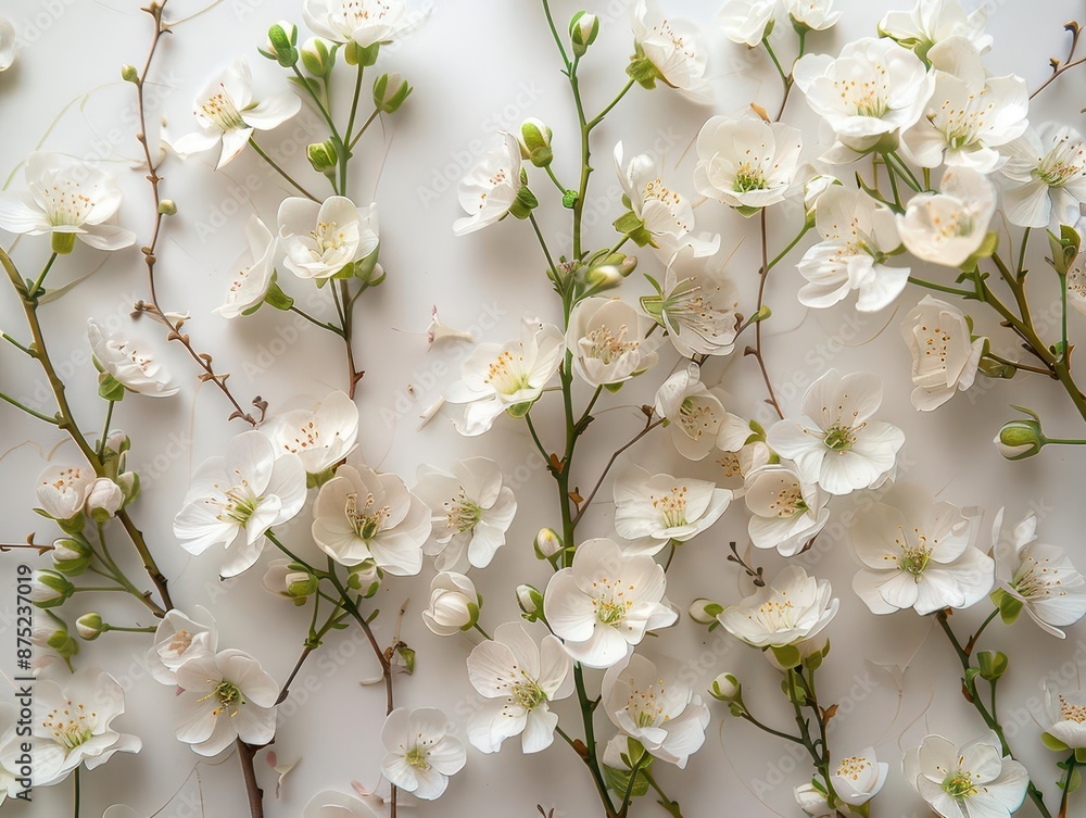 Poster delicate white blooms with hints of green set against a soft backdrop, presented in a minimalist and