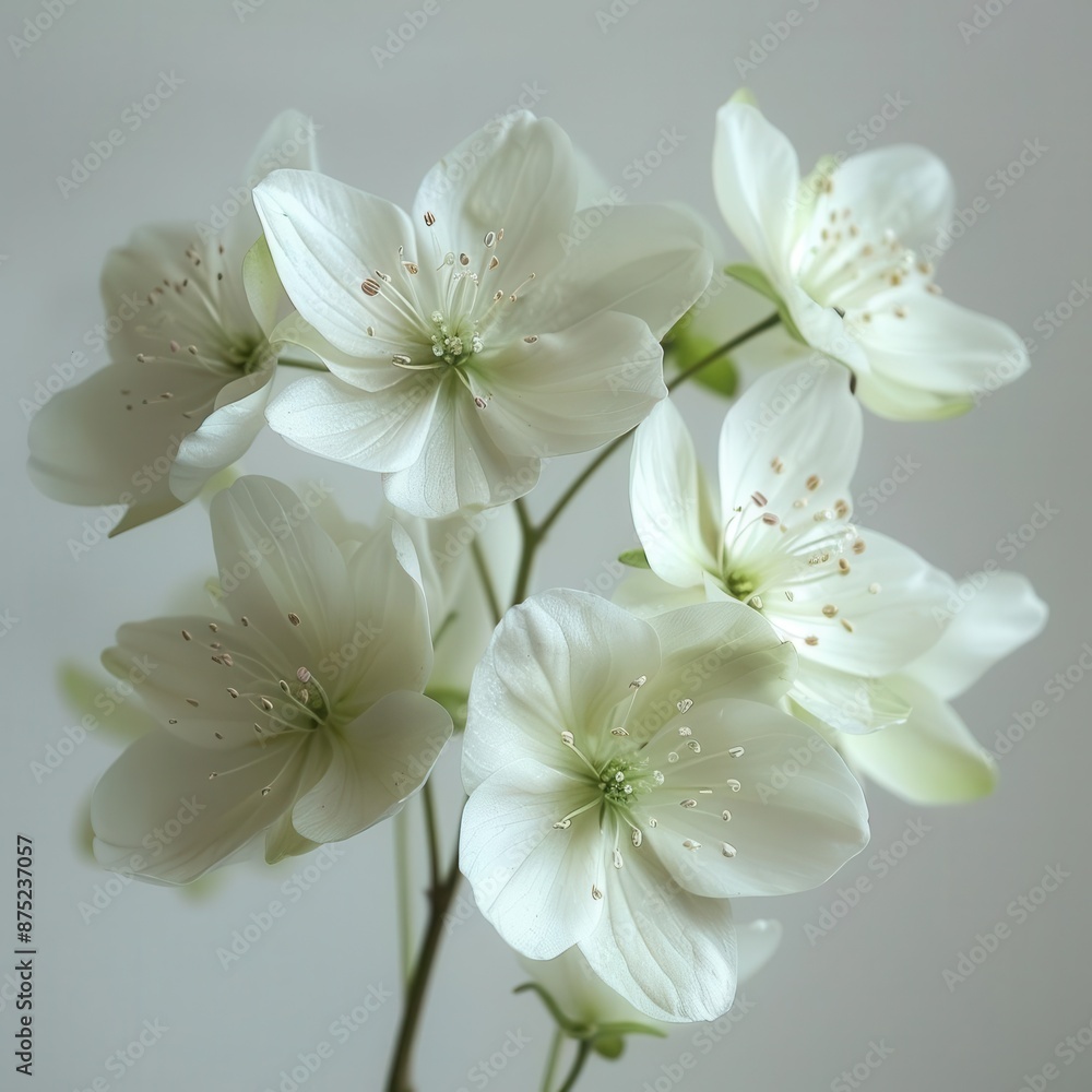 Poster delicate white blooms with hints of green on a soft backdrop, artfully styled in an understated and 