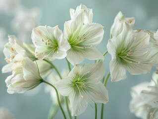 Obraz premium Arranged in a simple and elegant style, white flowers with delicate green accents stand out against a soft, light background.