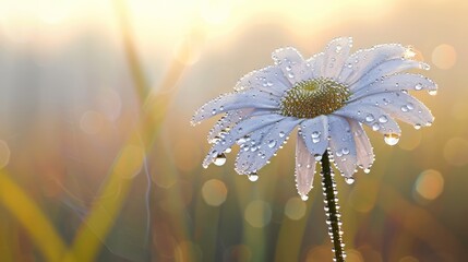 A serene image of a single daisy covered in dewdrops, with each drop acting like a tiny magnifying glass amplifying the delicate petal textures. The background features a soft morning haze.