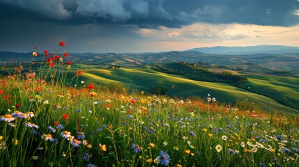 A sweeping vista of rolling hills covered in vibrant wildflowers during spring, with a distant stormy sky creating a dramatic backdrop.