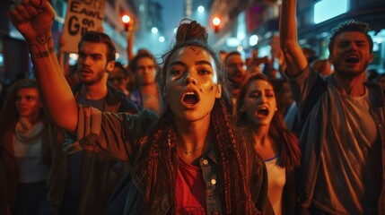 a protest scene with diverse people holding signs and shouting for change