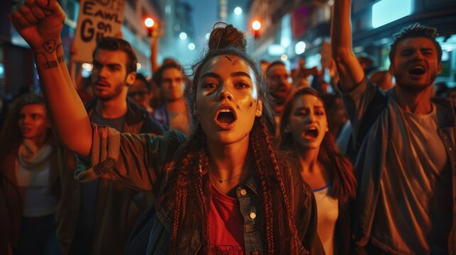 a protest scene with diverse people holding signs and shouting for change