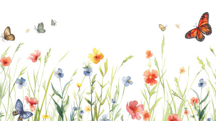 Watercolor meadow flowers. Banner with growing flowering grass and flying butterflies isolated on a transparent background