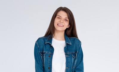 Portrait of attractive flirty cheerful girl winking good mood isolated over white background