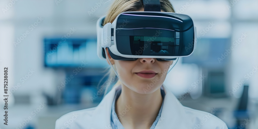 Poster exploring augmented reality data female scientist in office using virtual reality goggles. concept a