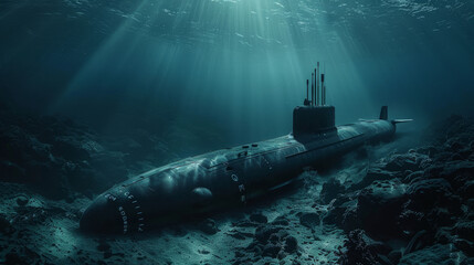 A submarine goes deep into the ocean, sinking close to the ocean's bed.