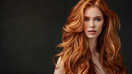Fototapeta premium Stunning Hair Color Shades Showcase in Women's Portrait Series on dark grey background copper color