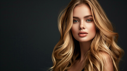 Fototapeta premium Stunning Hair Color Shades Showcase in Women's Portrait Series on dark grey background blonde color