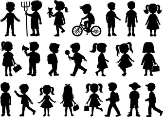 Silhouette of children, boy and girl, various activities, playful kid vector. Ideal child set for educational materials, posters, kids event and design projects