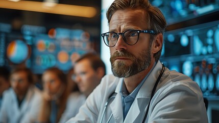 Obraz premium Doctor in a conference room, presenting medical findings, white lab coat, stethoscope, large display screen, audience taking notes, bright professional lighting, cinematic realism, hd quality.