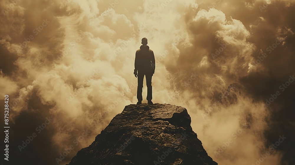 Poster an individual standing tall against a backdrop of adversity, showcasing the message of never giving 