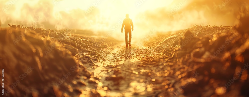 Poster a visual representation of a person pushing through a difficult path with a strong resolve, signifyi