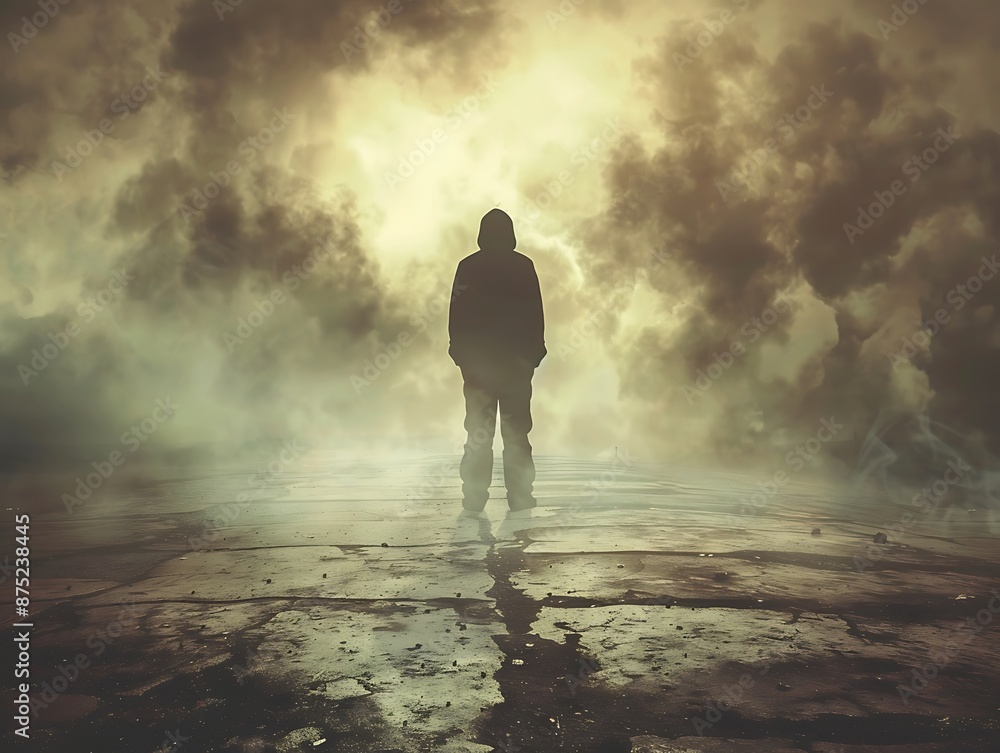 Poster a powerful visual of a person facing a challenging environment with determination, ready to fight wi