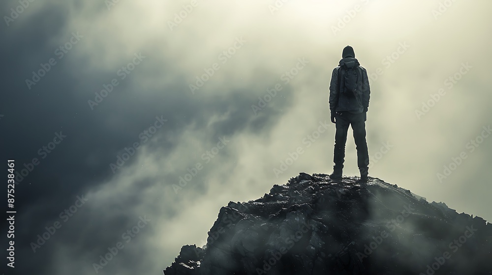 Poster an individual standing tall against a backdrop of adversity, showcasing the message of never giving 