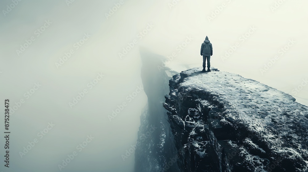 Poster a symbolic scene of a person facing a daunting challenge with determination, embodying the spirit of