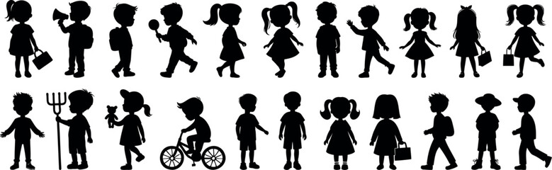 kids silhouette set, children vector illustration, playful child, kid  in black and white, boys and girls, child activities, digital art, fun designs, educational resources vector graphics