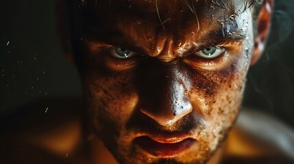 An image depicting a person with a fierce expression, ready to take on any challenge without stopping despite fatigue. copy space for text, focus cover all aspects, deep depth of field, no dust