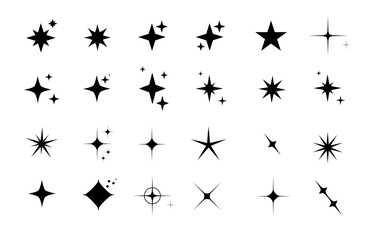 Minimalist silhouette Star icons, star shape vector set. Abstract y2k sparkles. Twinkling stars, abstract sparkle black silhouettes symbol shining burst. Vector