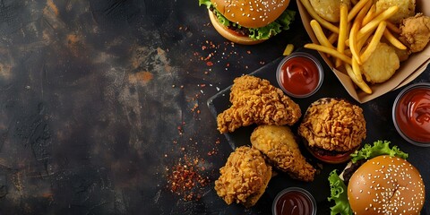 Assorted Fast Food Options Available for Takeout. Concept Burgers, Fries, Milkshakes, Nachos, Wings