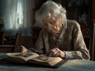 an elderly person sitting alone at a dining table, looking at a photo album, symbolizing loneliness in old age.