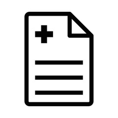 Vector icon of a medical document with a cross symbol, representing health records and medical information. Simple black and white design. Editable stroke.